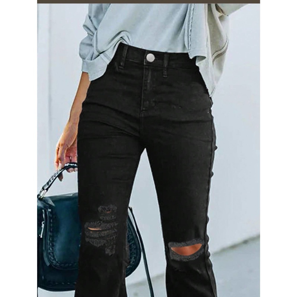 trendy Ripped distressed Raw Hem Flared Jeans black denim - Picture 5 of 5